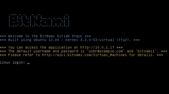 Bitnami GitLab 虚拟机登录界面。