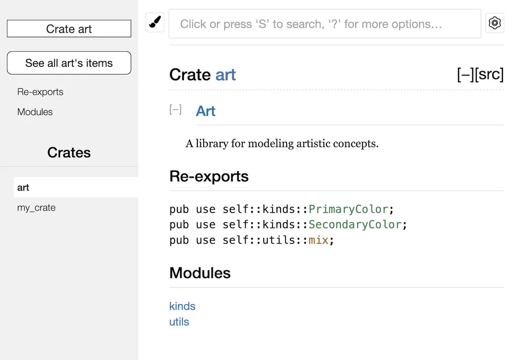 Rendered documentation for the <code>art</code> crate with the re-exports on the front page
