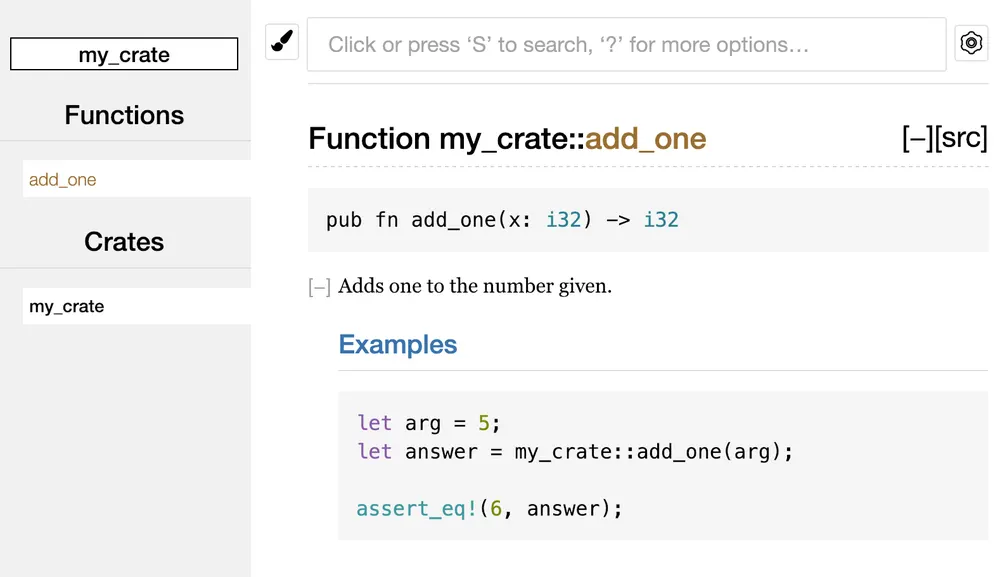 <code>my_crate</code> 的 <code>add_one</code> 函数所渲染的文档注释 HTML